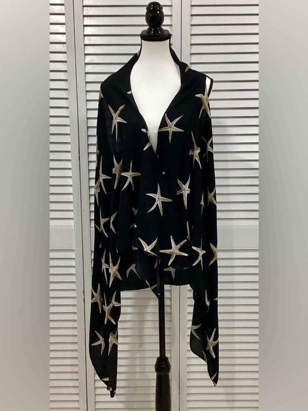 Janice Black Starfish Chiffon Sleeveless Kimono Coverup One Size OS Open Front